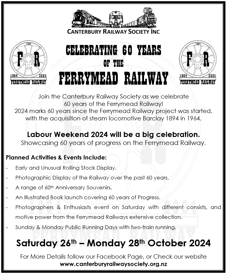 Information Panel about The Ferrymead Railway's 60th Anniversary with Text about the events and that it will be held on Labour Weekend 2024